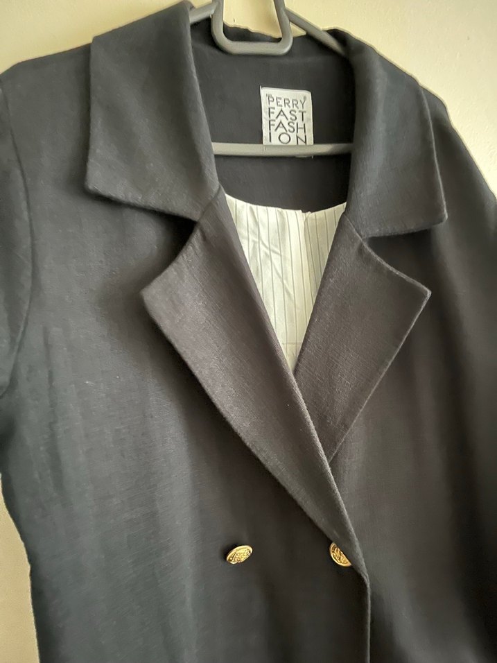 Siyah Keten Kadın Midi Blazer Ceket - Görsel 2