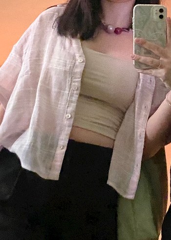 Pembe Keten Mini V Yakalı Kısa Kollu Gömlek - Görsel 3