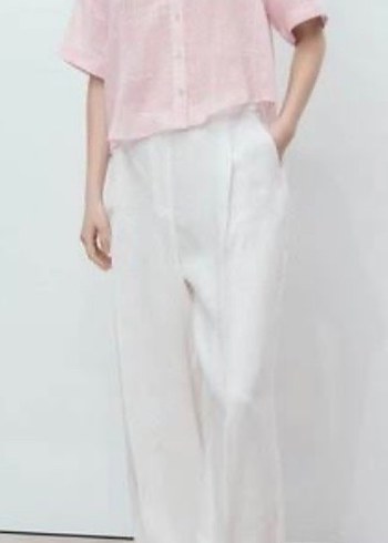 Pembe Keten Mini V Yakalı Kısa Kollu Gömlek - Görsel 2