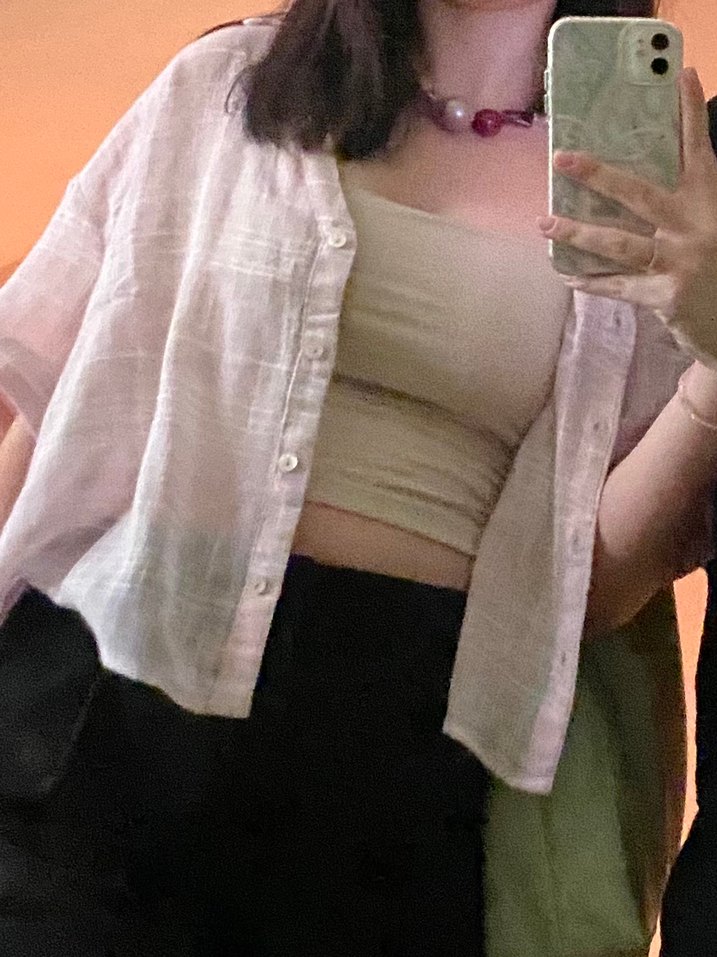 Pembe Keten Mini V Yakalı Kısa Kollu Gömlek - Görsel 3