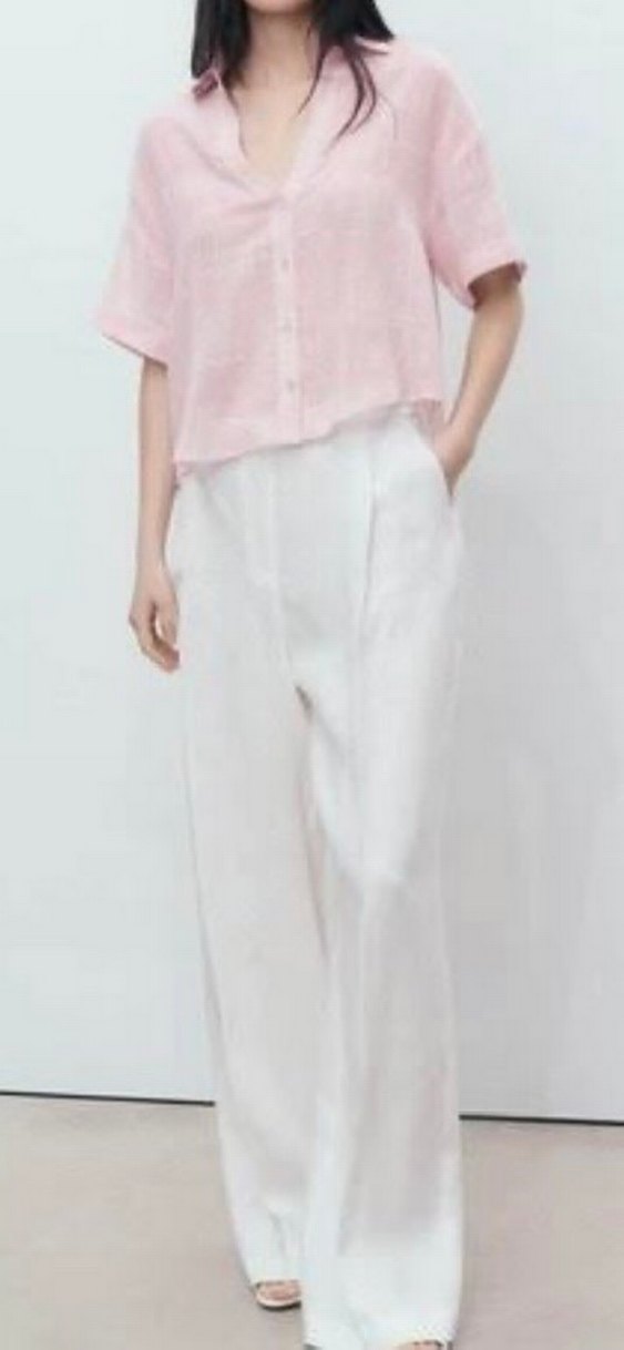 Pembe Keten Mini V Yakalı Kısa Kollu Gömlek - Görsel 2