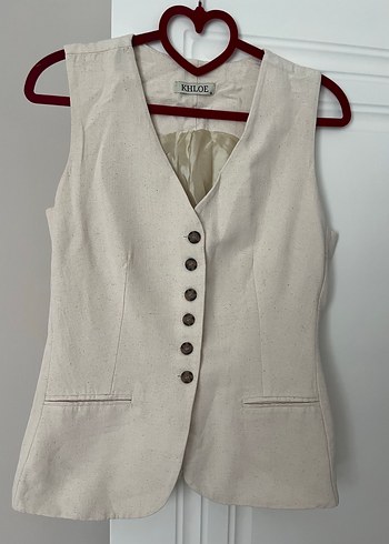 Zara Düğmeli Bej Keten Vintage Kadın Yelek