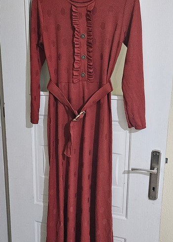 Kemerli Kırmızı Uzun Örgü Kadın Elbise - Görsel 2