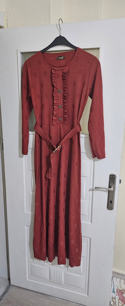 Kemerli Kırmızı Uzun Örgü Kadın Elbise - Görsel 2