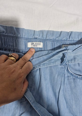 l Beden mavi Renk Beli Bağlamalı Rahat Kesim Mavi Kadın Kot Pantolon