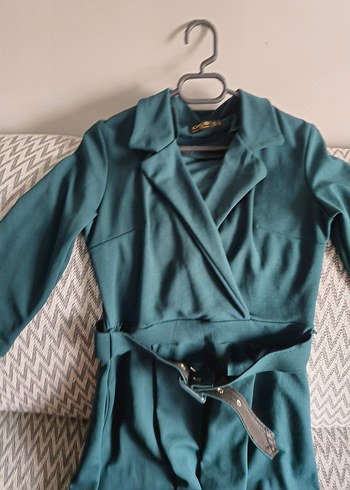 Kemerli V Yaka Uzun Yeşil Elbise - Görsel 8