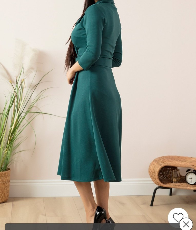 Kemerli V Yaka Uzun Yeşil Elbise - Görsel 2