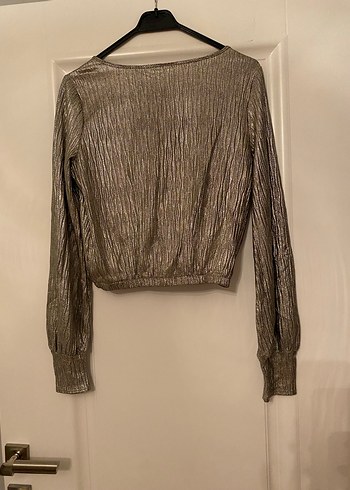 V yaka pilili kısa kollu gold keten bluz - Görsel 2