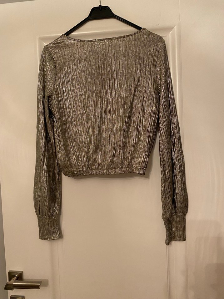 V yaka pilili kısa kollu gold keten bluz - Görsel 2