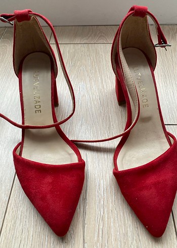 Kırmızı Süet Tokalı Yüksek Topuklu Stiletto - Görsel 2