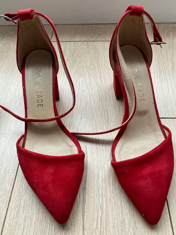 Kırmızı Süet Tokalı Yüksek Topuklu Stiletto - Görsel 2