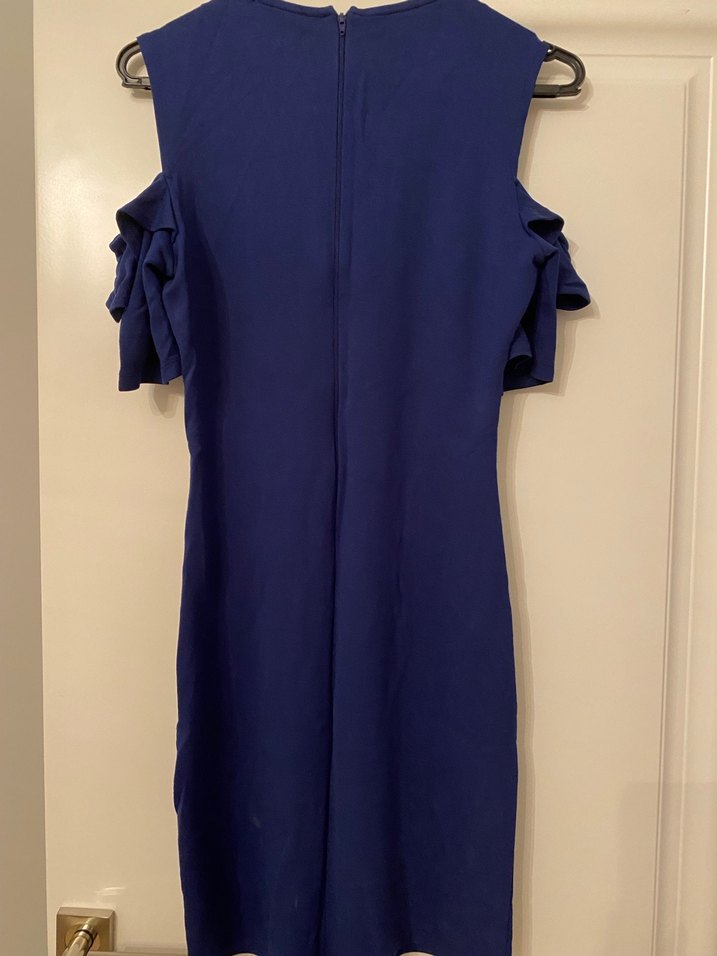 Koyu Mavi Omuzları Fırfırlı Midi Elbise - Görsel 2