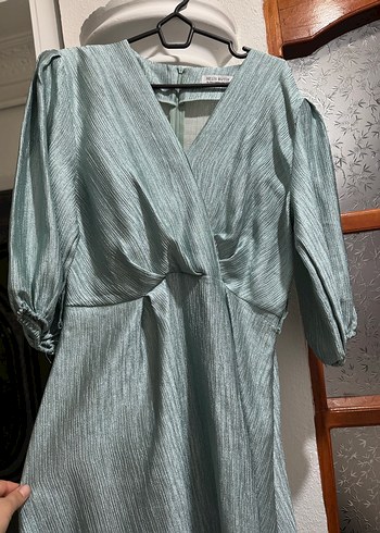 Gri V Yaka Uzun Keten Elbise - Görsel 2