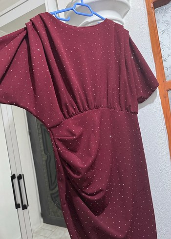 Bordo Drapeli Midi Abiye Elbise - Görsel 2