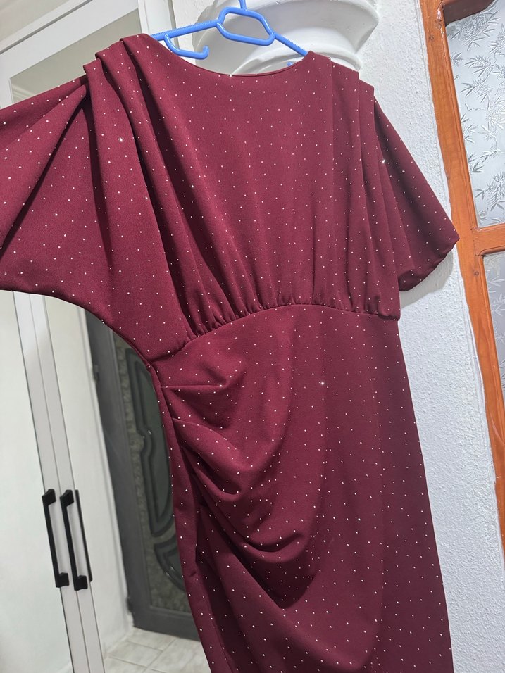 Bordo Drapeli Midi Abiye Elbise - Görsel 2