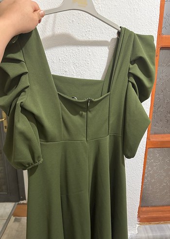Khaki Renkli Midi Ruffle Elbise - Görsel 3