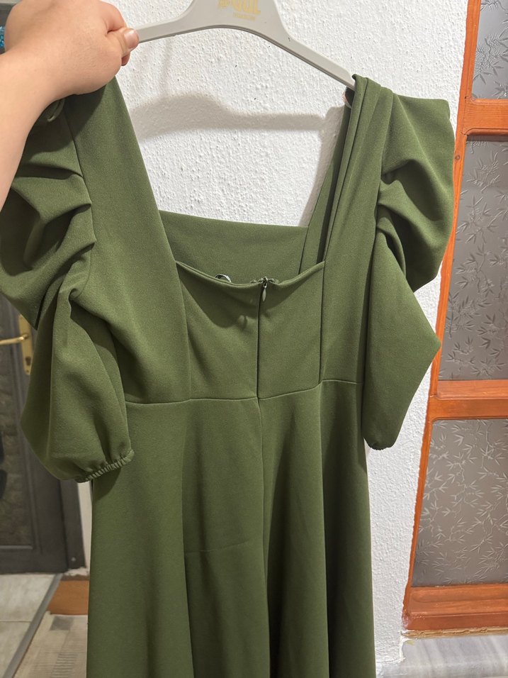 Khaki Renkli Midi Ruffle Elbise - Görsel 3