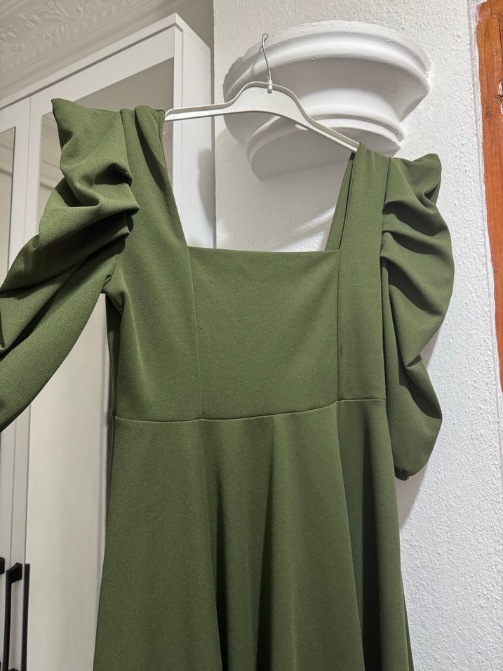 Khaki Renkli Midi Ruffle Elbise - Görsel 2