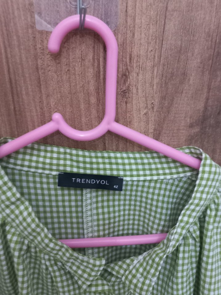 Düğmeli ekoseli yeşil Kadın Gömlek - Görsel 2