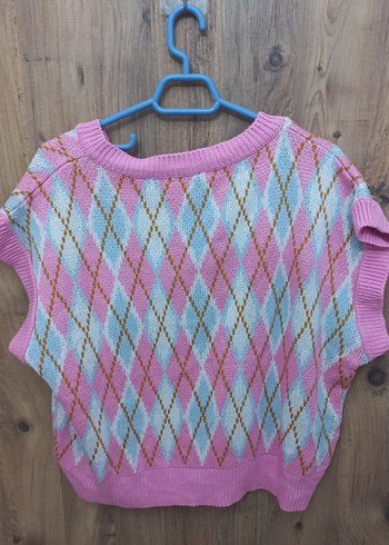 Pembe V Yakalı Örgü Kadın Süveter - Görsel 2