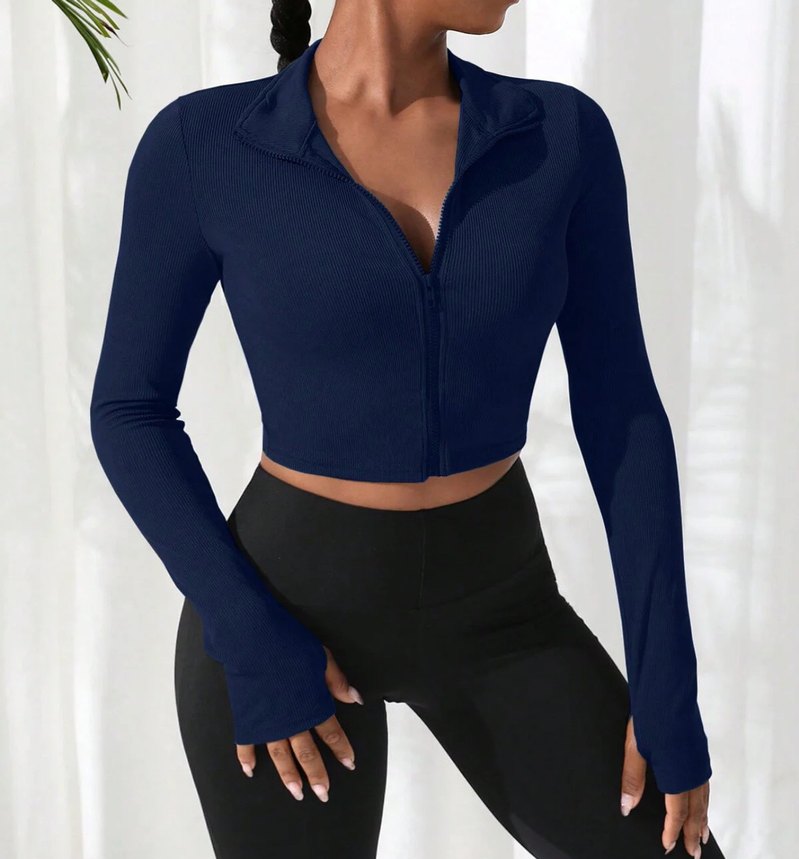 Fermuarlı Lacivert Uzun Kollu Spor Üst - Görsel 4