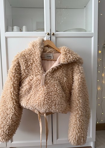 Pull and Bear Bej Kapüşonlu Peluş Kadın Ceket