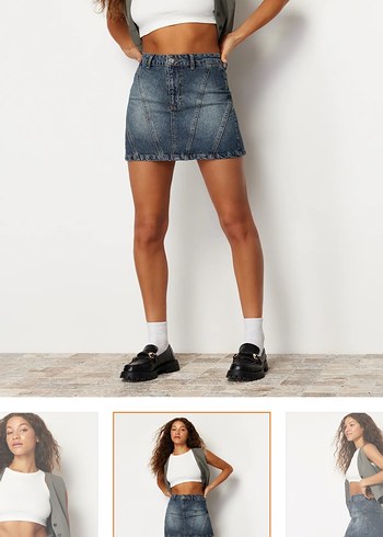 Trendyol & Milla Koyu Mavi Soluk Efekt Vintage Yüksek Bel Mini Denim Etek