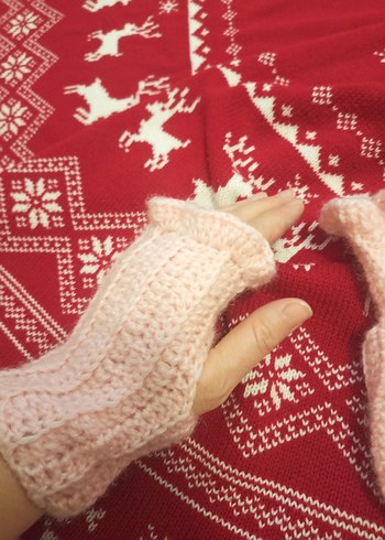 Pembe Örgü Bohem Kadın Eldivenleri - Görsel 2