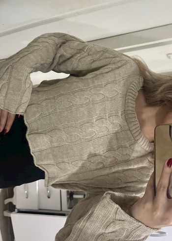 Bej Örgü Kadın Triko Kazak - Görsel 2