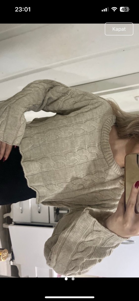 Bej Örgü Kadın Triko Kazak - Görsel 2