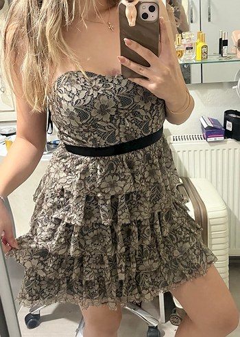 Straplez Fırfırlı Vintage mini Elbise - Görsel 2