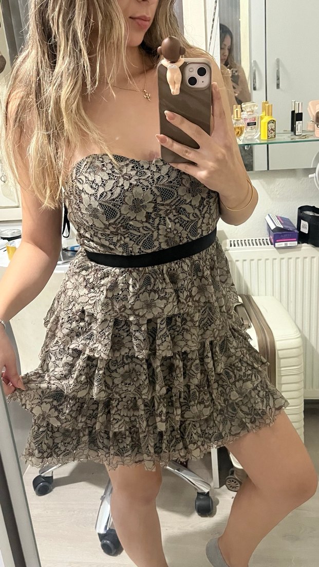 Straplez Fırfırlı Vintage mini Elbise - Görsel 2