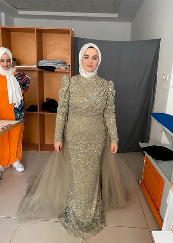 HENİN marka Uzun Kol pul payet yeşil Abiye Elbise - Görsel 2