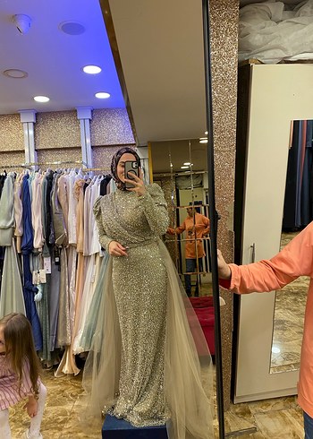 HENİN marka Uzun Kol pul payet yeşil Abiye Elbise - Görsel 3