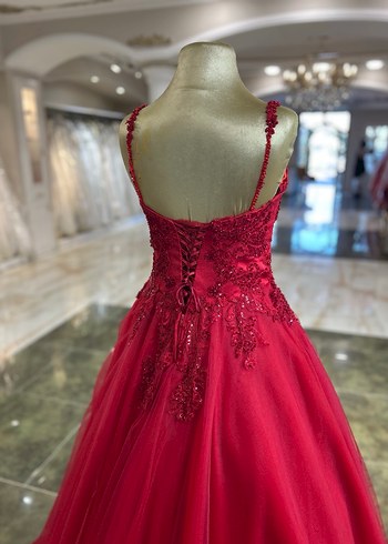 Kırmızı Nakışlı Uzun Abiye Elbise - Görsel 6