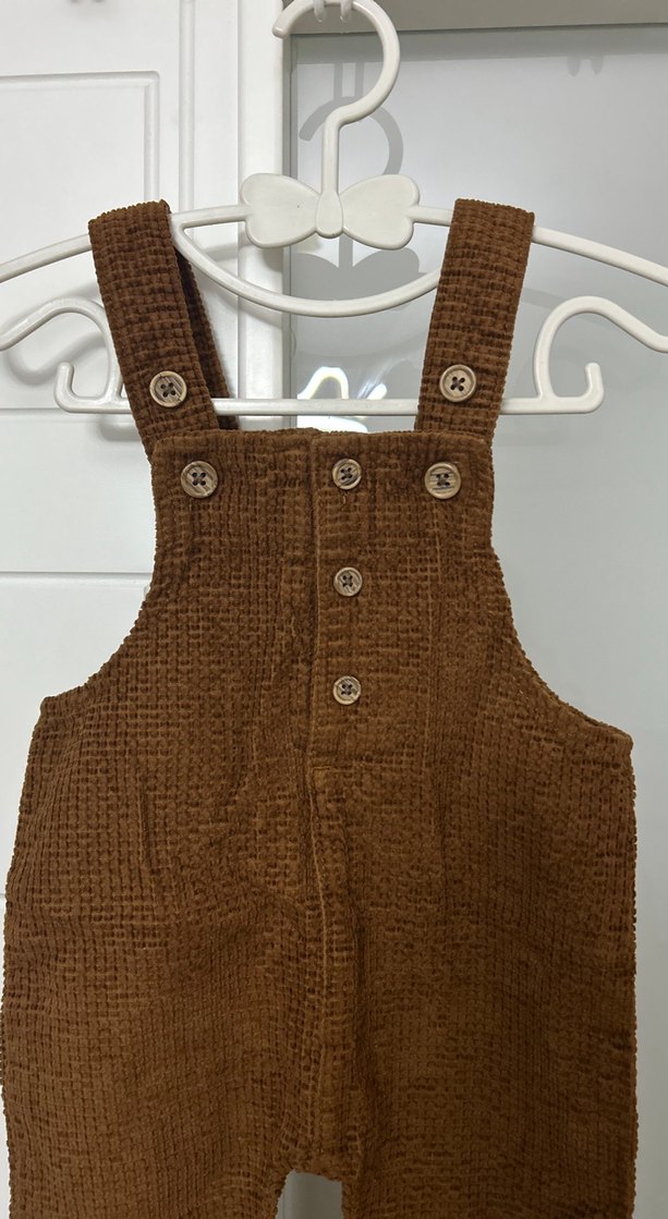 Erkek Çocuk Kahverengi Düğmeli Triko Tulum Bebek Salopet - Görsel 2