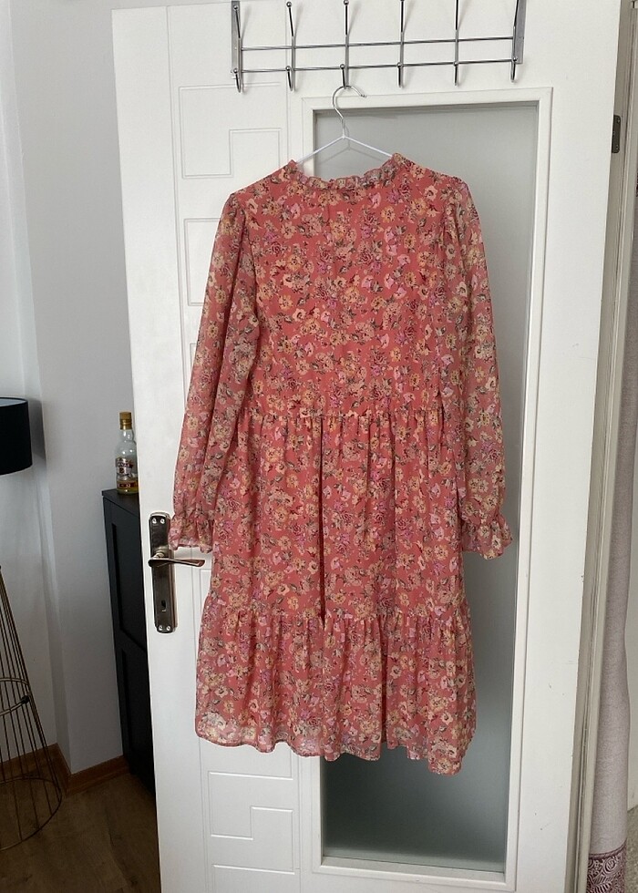 Lcw Classic Çiçekli Uzun Kollu Şifon Elbise Hamile Elbise Tül El - Görsel 4