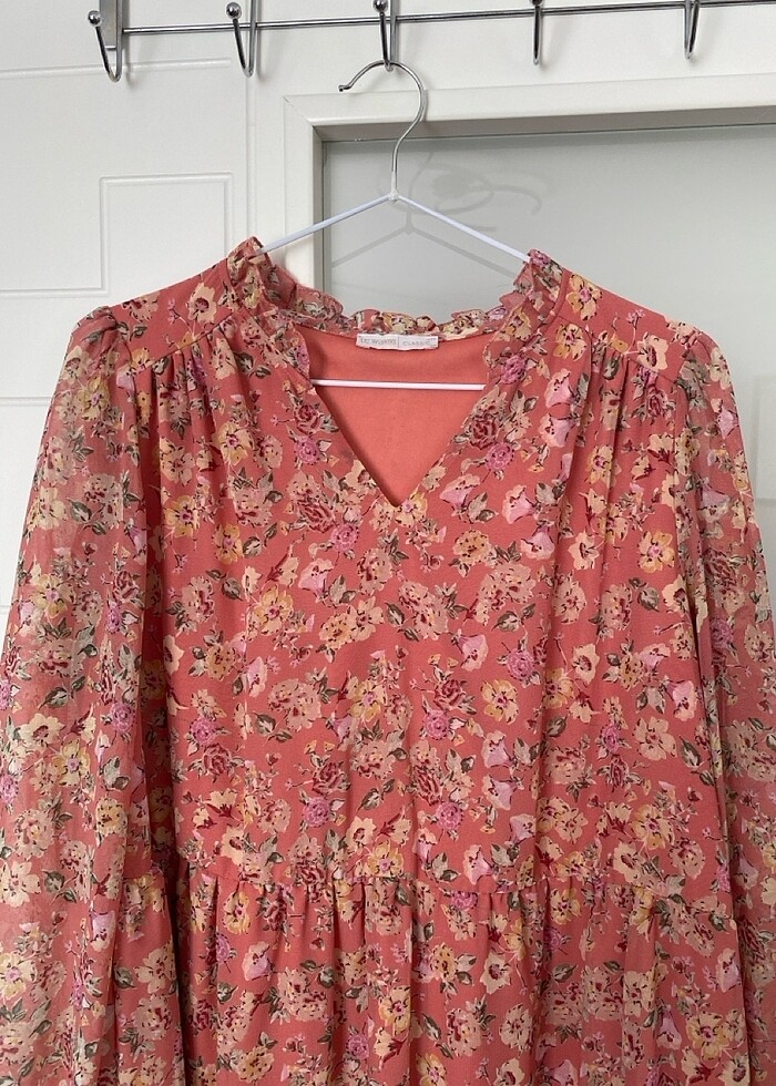 Lcw Classic Çiçekli Uzun Kollu Şifon Elbise Hamile Elbise Tül El - Görsel 2