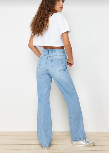 xs Beden yırtık Yüksek bel wide leg Jean