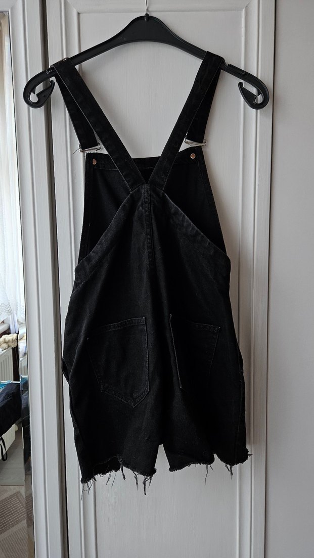 Kadın Siyah Denim Kısa Askılı Tulum - Görsel 2