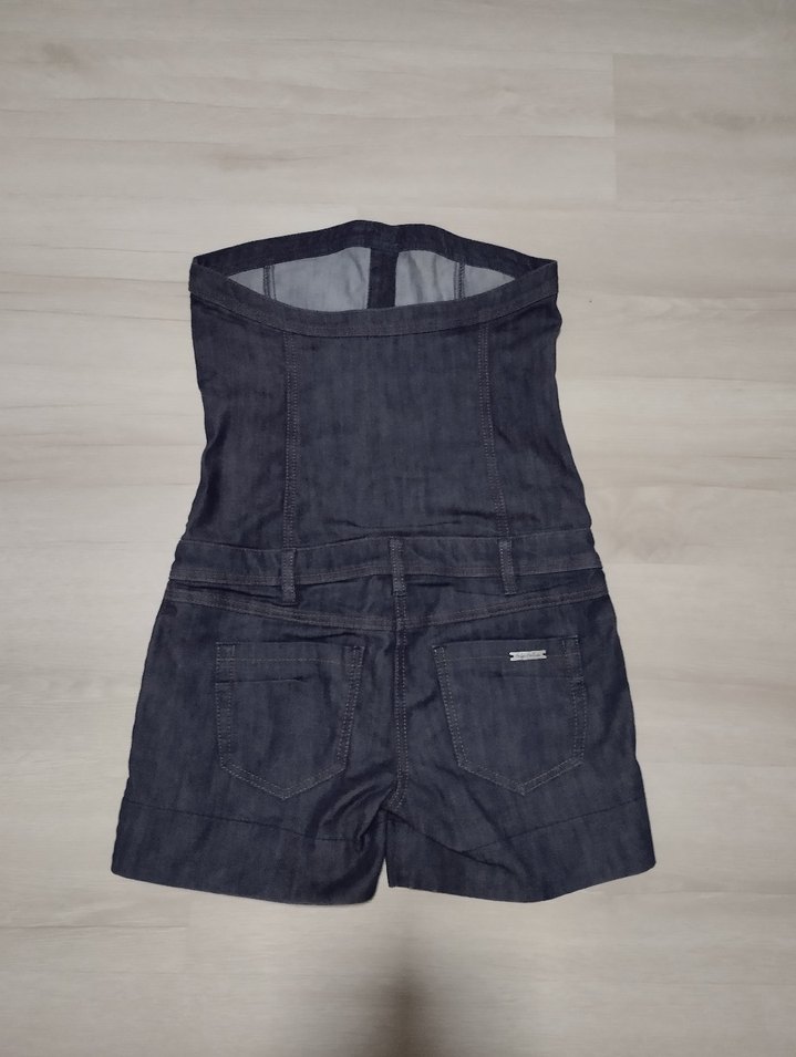 Düğmeli Straplez Kısa Kot Tulum - Görsel 3