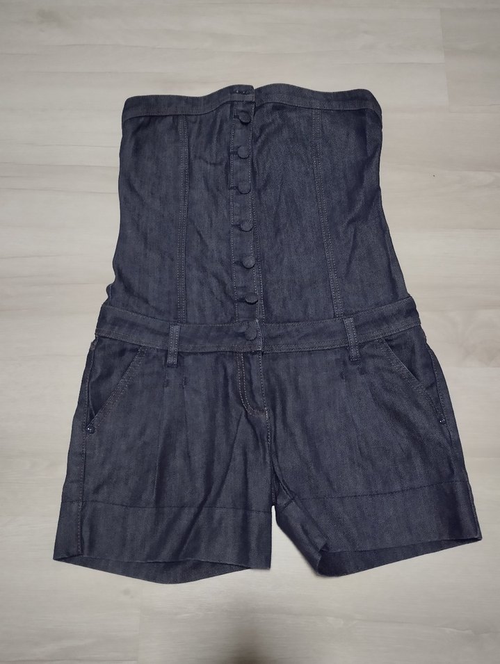 Düğmeli Straplez Kısa Kot Tulum - Görsel 2