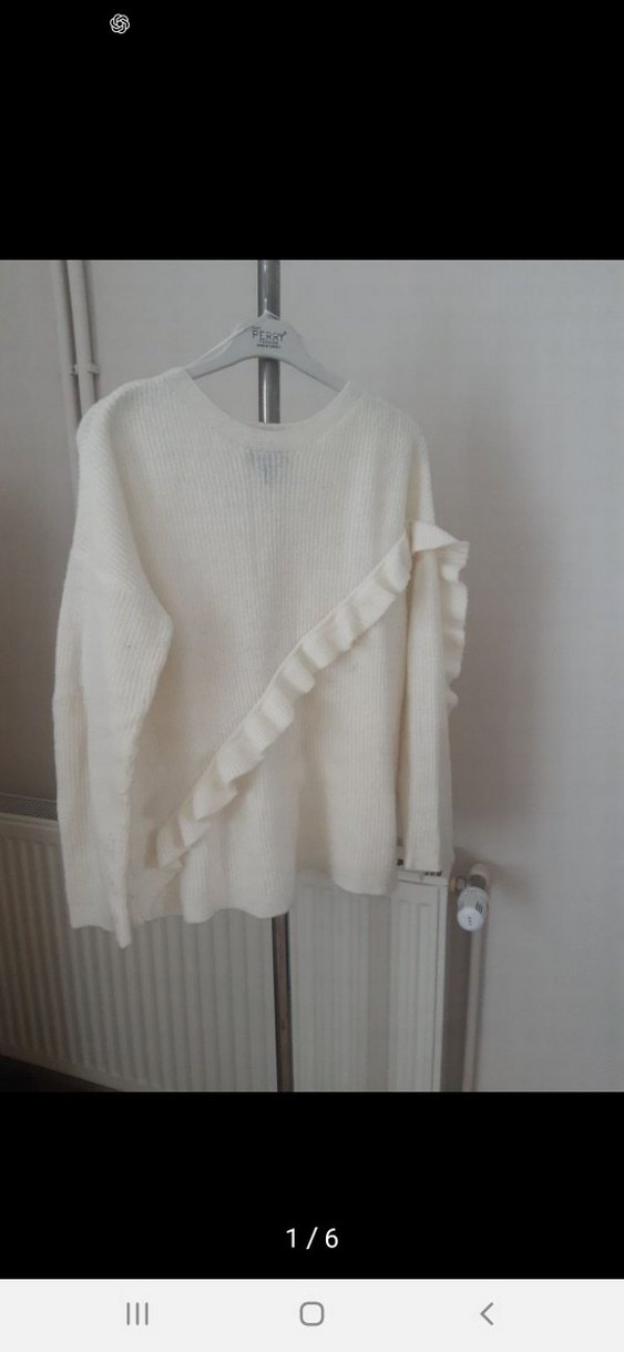 Beyaz Fırfırlı Kadın Triko Kazak - Görsel 2