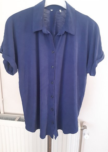 Kadın Lacivert Uzun Kollu Keten Gömlek - Görsel 3