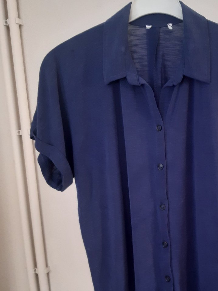 Kadın Lacivert Uzun Kollu Keten Gömlek - Görsel 2