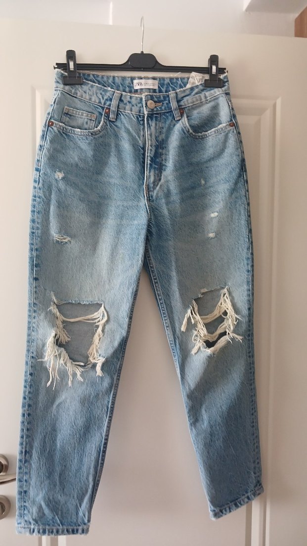 Kadın Mavi Bol Kesim Yırtık Kot Pantolon - Görsel 4