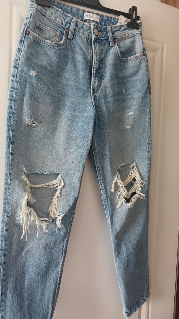 Kadın Mavi Bol Kesim Yırtık Kot Pantolon - Görsel 5