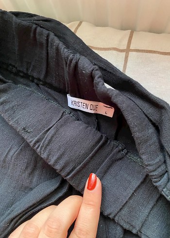 l Beden Kadın Siyah Keten Bol Kesim Kemerli Pantolon