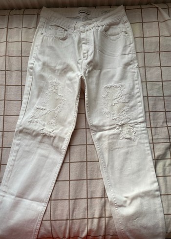 s Beden Gri Beyaz Midi Denim Kadın Pantolon