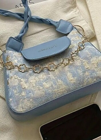 Mavi vintage yağlı boya desenli omuz çantası 